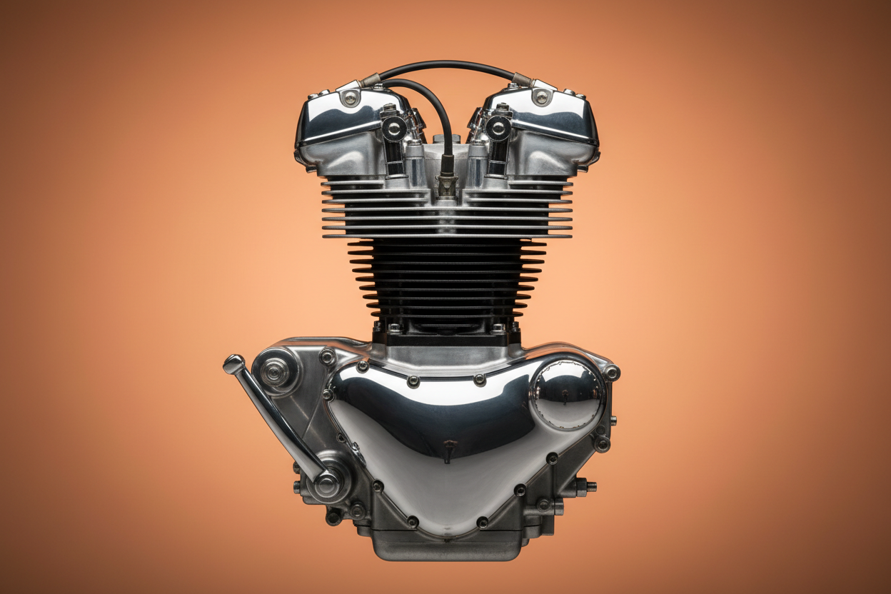 Engine for classic British motorcycle showing crank cases and cooling fins similar to Norton or Weslake